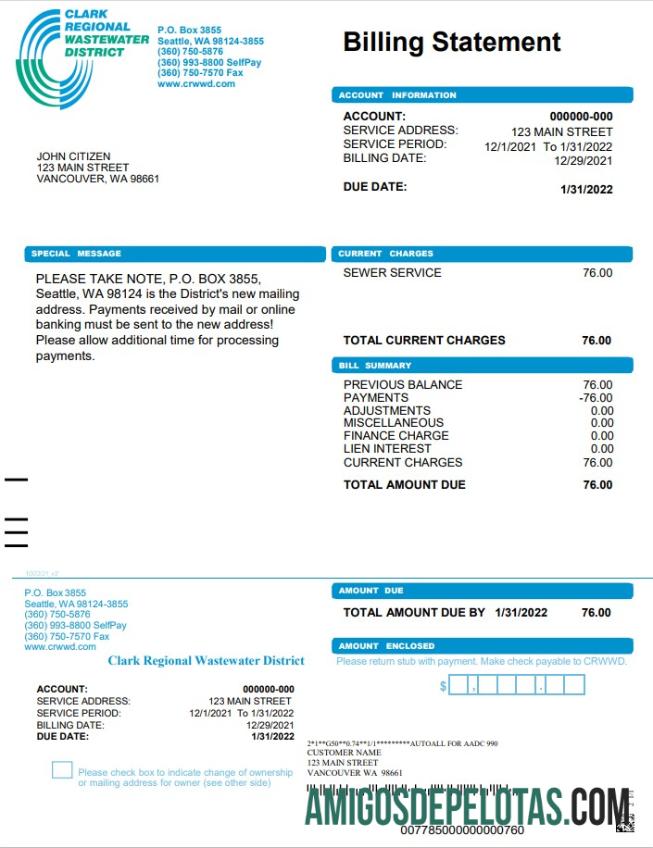 imprimível Projeto de lei de serviços públicos do distrito regional de águas residuais de Washington Clark, EUA, modelo Word e PDF